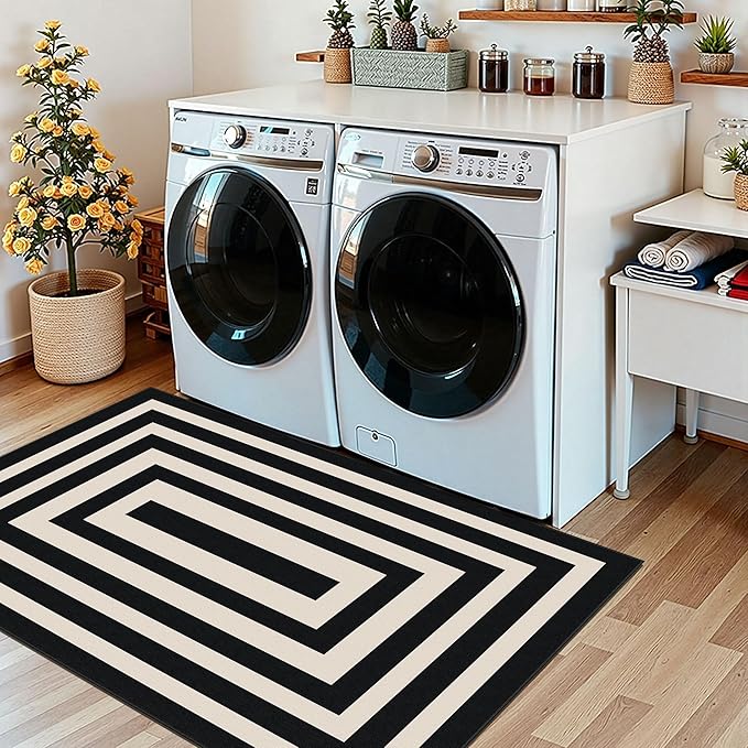 3x5 Modern Entry Rug - Small Washable Indoor Outdoor Mats for Front Door Non-Slip Porch Rug Black White Geometric Striped Throw Rugs for Living Room Bedroom Entryway Kitchen Office Porch Decor
