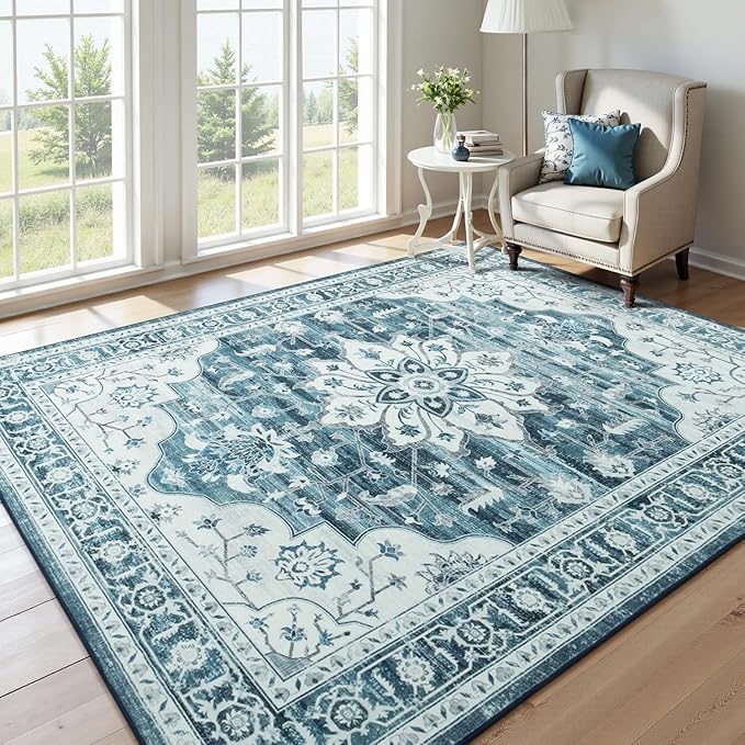 Lofus 8x10 Washable Area Rug, Vintage Floral Rugs for Living Room, Bedroom, Dinning Room, Low Pile Large Area Rugs with Non-Slip Backing, Sunflower Print Pattern, Neutral Blue