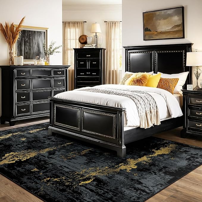 Washable Area Rugs 5'x7' Non-Slip Modern Abstract Soft for Living Room Entryway Bedroom Nursery, Print Pattern, Dark Black Gold