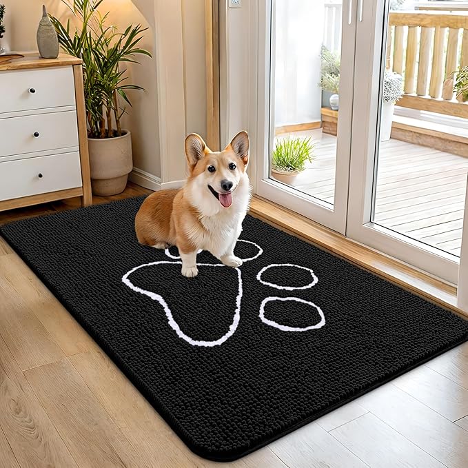 OLANLY Dog Door Mat for Muddy Paws 45x27, Paw Print Design, Absorbs Moisture and Dirt, Absorbent Non-Slip Washable Doormat, Quick Dry Chenille Mud Mat for Dogs, Entry Indoor Entryway Carpet, Black