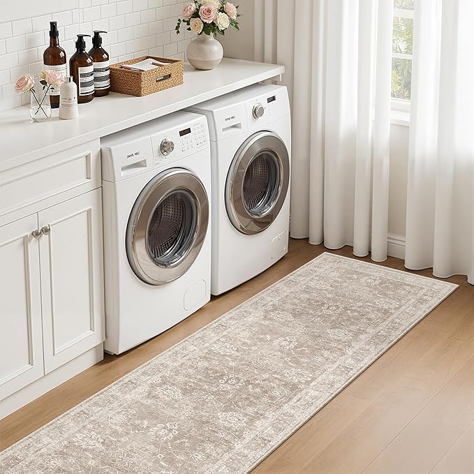 Madane Runner Rug 2x8 for Hallway, Kitchen Non-Slip Runner Rug with Rubber Backing, Vintage Soft Low Pile Throw Neutral Carpet Runner for Laundry Room Entryway Bathroom Bedroom (2 x 8, Brown/Sand)