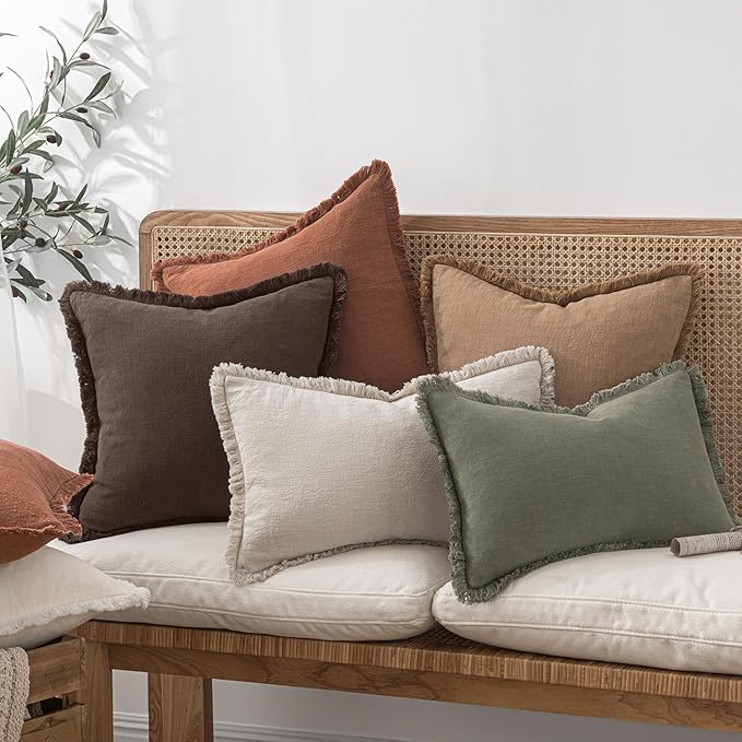 MIULEE Decorative Throw Pillow Covers Neutral Linen Fringe Throw Pillows Set of 2 Dark Brown Boho Farmhouse Cushion Covers with Tassels for Couch Sofa Bed Living Room Spring Decor 20x20 Inch