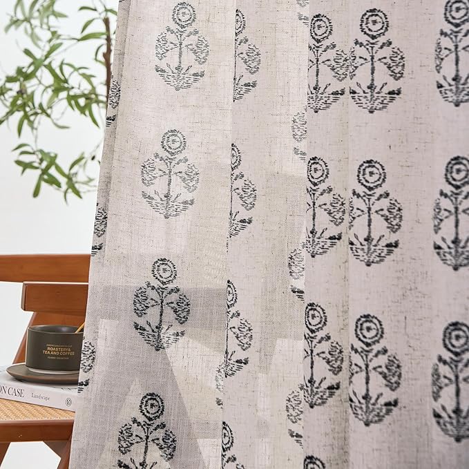 jinchan Linen Floral Curtains for Living Room 63 Inch Length Black Flower Cottage Core Farmhouse Curtains Rod Pocket Back Tab Boho Semi Sheer Window Drapes Bedroom Set 2 Panels Black on Beige