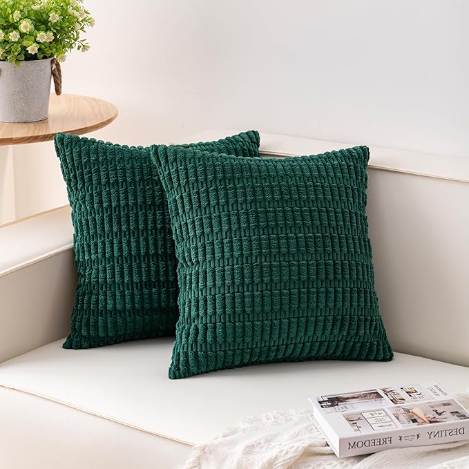 Pack of 2 Christmas Green Corduroy Decorative Throw Pillow Covers 24x24 Inch Soft Striped Pillow Covers Modern Farmhouse Home Decor for Sofa Living Room Couch Bed（Blackish Green）