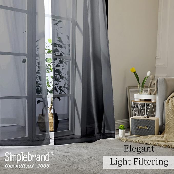 Simplebrand Black Sheer Curtains, 72" Length, 2 Panels Set - Light Filtering, Rod Pocket Window Curtains for Bedroom (Black, 59" W x 72" L)