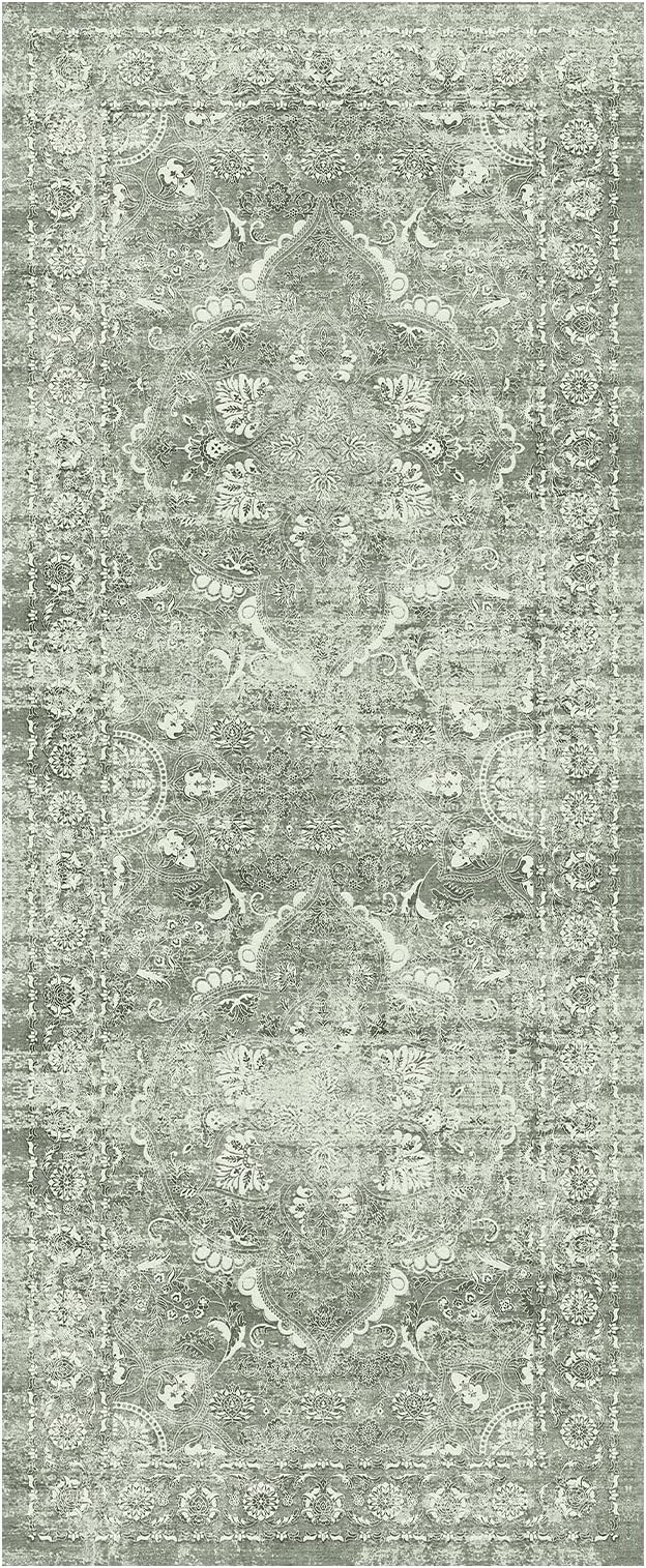 Washable 3x14 Runner Rug - Non-Slip Vintage Rug for Entryway Low-Pile Medallion Long Rugs for Hallway Waterproof Traditional Runner Rug Indoor Thin Rug for Kitchen (Muted Sage Green)