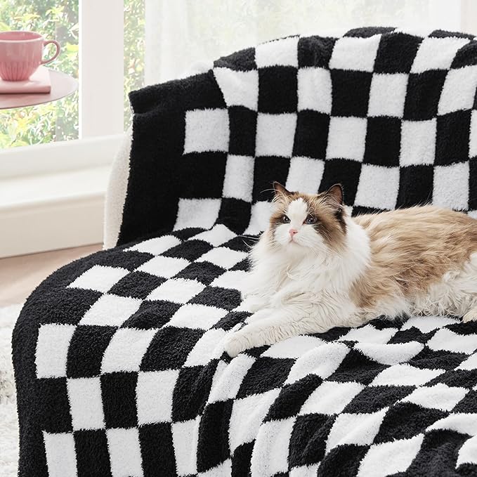 Bedsure GentleSoft Cozy Soft Throw Blanket, Black Checkered Fluffy Blankets, Lightweight Warm Knit All Season Throw Blankets for Couch Bed Sofa, Travel, Birthday Gifts for Women, Men, 50x60 Inches