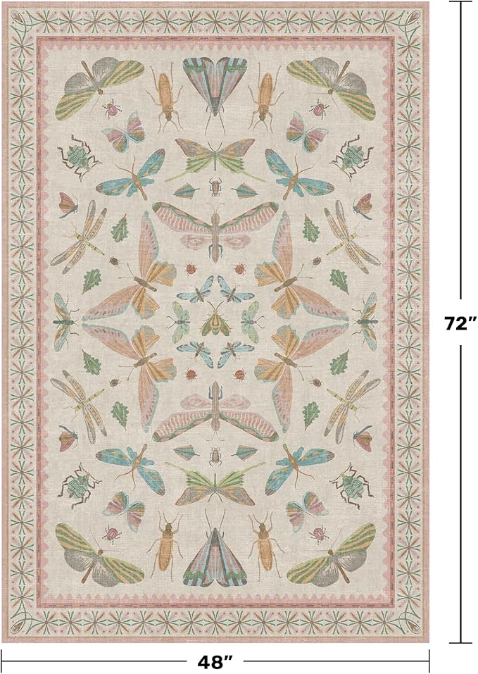 Hazo Haus Neutral Girl Nursery Rug 4x6 - Beige & Pink Rugs for Bedroom, Living Room - Washable Low Pile Non-Slip Charming Insect Print Vintage Girly Design, Perfect for Kids Rooms