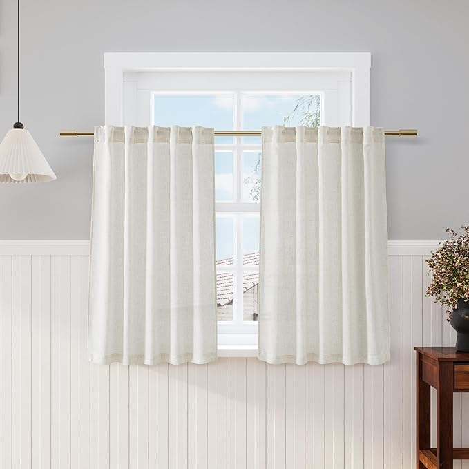 Nanspring Cream Cafe Curtains 45 Inch Length Set 2 Panel Back Tab Pocket Semi Sheer Short Linen Cream Curtain Tiers for Small Bathroom Window Basement 38x45