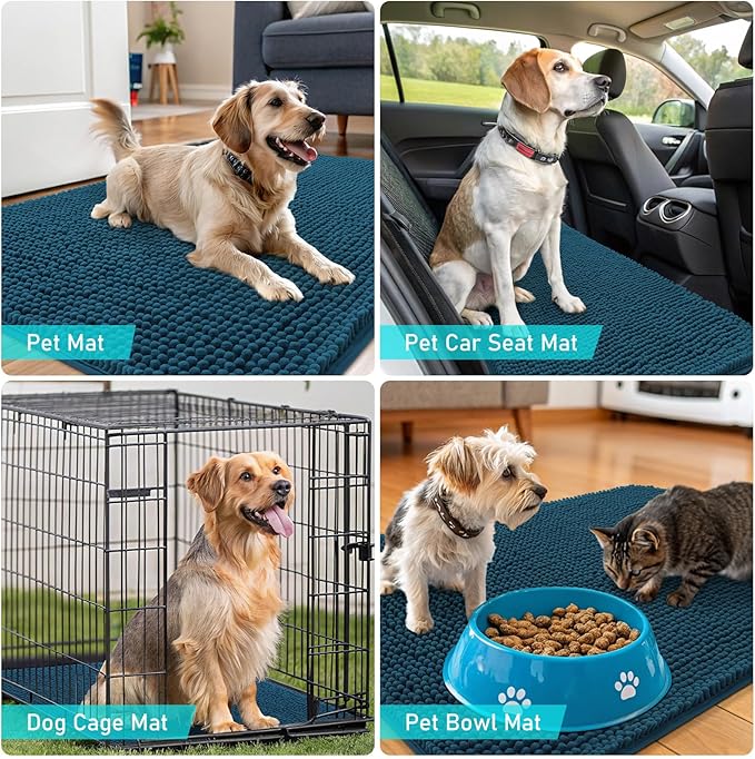 OLANLY Dog Door Mat for Muddy Paws 30x20, Absorbs Moisture and Dirt, Absorbent Non-Slip Washable Doormat, Quick Dry Chenille Mud Mat, Entry Indoor Entryway Carpet for Inside Floor, Atlantic Blue