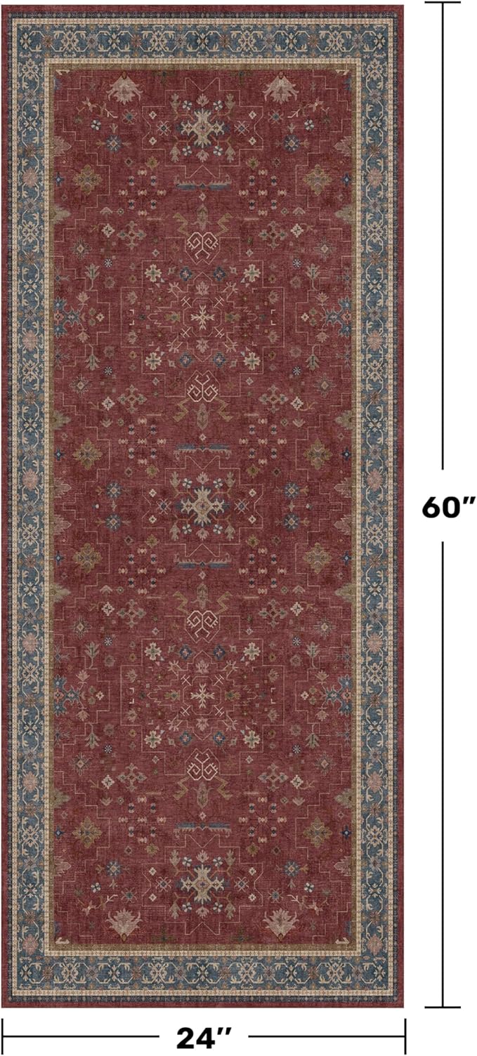 Boho 2x5 Small Kitchen Runners Rugs Non Slip - Washable Soft Area Rugs for Bedroom, Floral Non Skid Runner Carpet for Bathroom, Laundry Room, Hallway, Entryway (Dark Red)