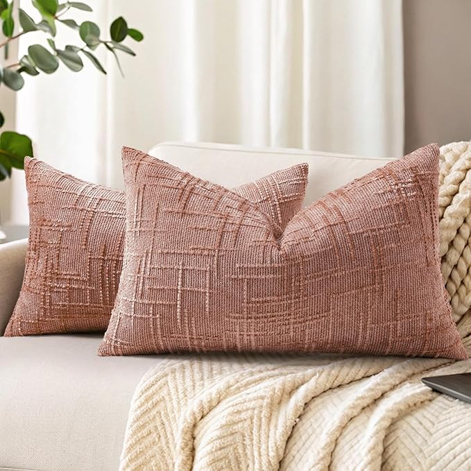 decorUhome Summer Pink Chenille Throw Pillow Covers 12x20 Set of 2 Textured Soft Cozy Slubby Couch Pillow Covers Modern Farmhouse Boho Decorative Pillow Cases for Bed Sofa Living Room