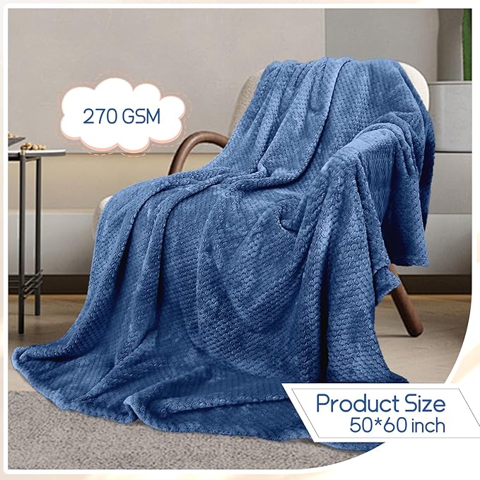 4 Pack Fleece Throw Blankets 50x60 Inches – 270 GSM Ultra Soft Flannel, Oeko-TEX Standard 100 Certified, Lightweight 3D Waffle Texture, No Shedding/Pilling, for Bed, Couch, Sofa, All Season (Blue)
