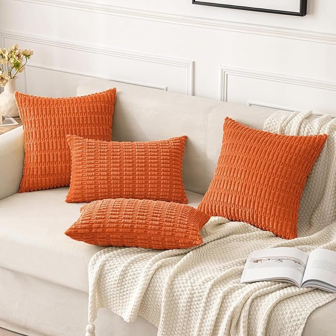 MIULEE Pack of 2 Orange Corduroy Decorative Pillow Covers 20x20 Inch Soft Boho Striped Throw Pillow Covers Modern Farmhouse Home Decor for Halloween Thanksgiving Summer Sofa Living Room Couch Bed