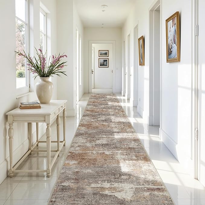 3x20 Washable Kitchen Runner Rug: Modern Abstract Runners for Hallway Soft Non Slip Rugs with Rubber Backing Low Pile Thin Floor Carpet for Entryway Bedroom Bathroom Bedside Indoor(Brown/Brick,3x20)