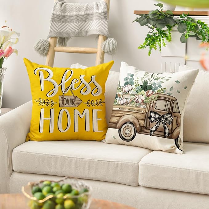 AVOIN colorlife Bless Our Home Farmhouse Eucalyptus Leaves Throw Pillow Covers, 20 x 20 Inch Yellow Truck Home Sweet Cushion Case Decorations Set of 4