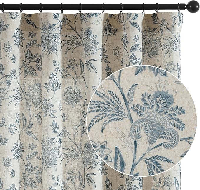 jinchan Linen Floral Curtains for Living Room with Printed Flower 84 Inches Long Light Filtering French Country Back Tab Rod Pocket Blue Window Curtain Set Farmhouse Drapes 2 Panels Blue