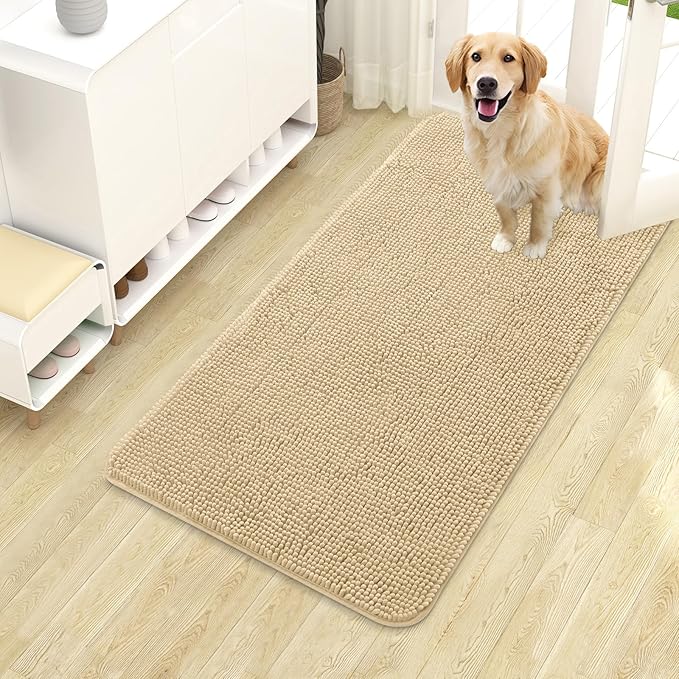OLANLY Dog Door Mat for Muddy Paws 40x24, Absorbs Moisture and Dirt, Absorbent Non-Slip Washable Doormat, Quick Dry Chenille Mud Mat for Dogs, Entry Indoor Entryway Carpet for Inside Floor, Sand