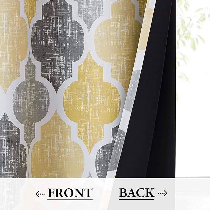 Beauoop 100% Blackout Curtains 54 Inches Long 2 Panels for Bedroom Living Room Yellow Grey Moroccan Geo Room Darkening Thermal Insulated Soundproof Grommet Top Window Treatments Drapes, 50x54 Set of 2