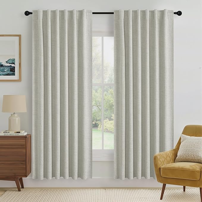 RYB HOME Cream 100% Blackout Linen Curtains 72 inch Long, Thermal Insulated & Privacy Assurd Drapes for Bedroom/Office/Nursery, Rod Pocket & Back Tab Window Treatment, W52 X L72, 2 Panels