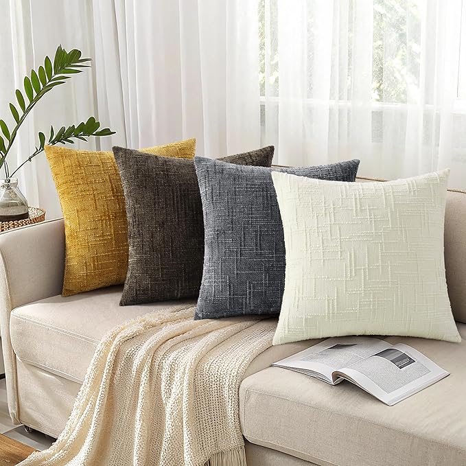 decorUhome Summer Cream White Chenille Throw Pillow Covers 16x16 Set of 2 Textured Soft Cozy Slubby Couch Pillow Covers Modern Farmhouse Boho Decorative Pillow Cases for Bed Sofa Living Room