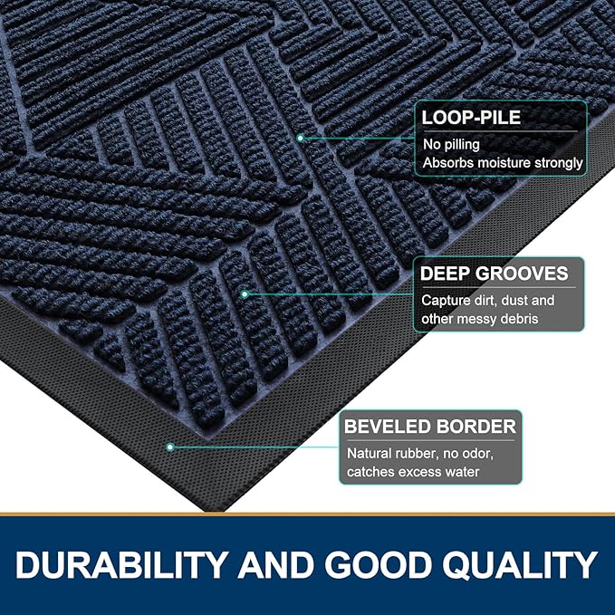 Smiry Front Door Mat Outside Entrance, Heavy Duty Sturdy Natural Rubber Doormat, Trap Dirt and Moisture, Easy Clean Low Profile Mats for Indoor Outdoor Entry, Irregular Triangle (59x20, Navy Blue)