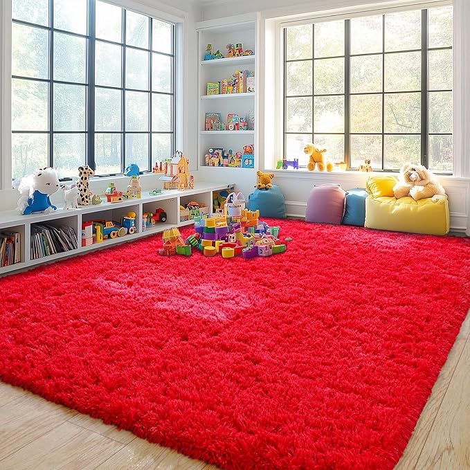 Pionblank Large Rug for Living Room 6x9 Feet, Modern Soft Shag Area Rug, Plush Fuzzy Carpet for Bedroom Girls Boys Room Home Nursery Teens Dorm Decor, Red
