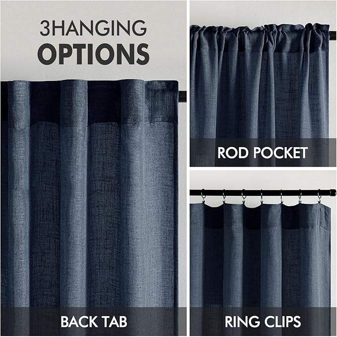 MIULEE Navy Blue Short Linen Curtains 45 Inch Length 2 Panels for Boys Bedroom Bathroom, Soft Thick Linen Textured Natural Kitchen Window Drapes Semi Sheer Light Filtering Back Tab Burlap Look Decor