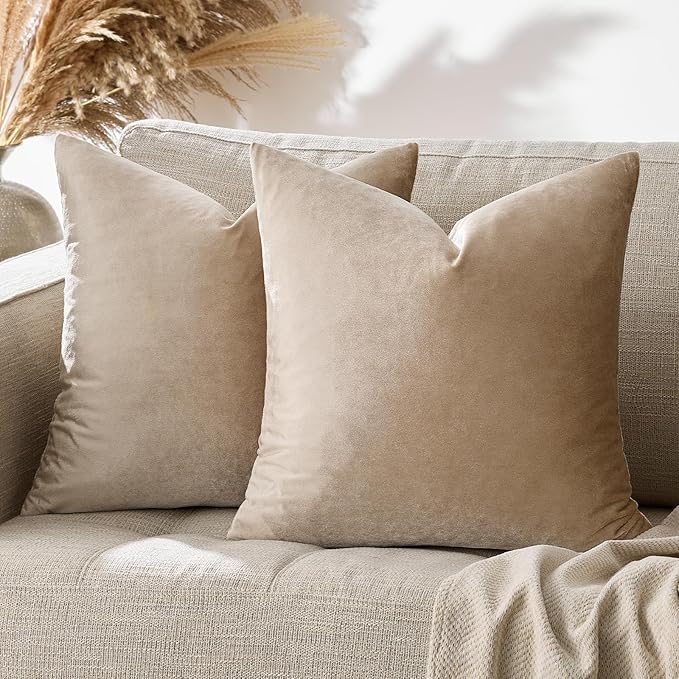 GIGIZAZA Decorative Throw Pillow Covers 24x24,Set of 2 Taupe Couch Pillow Covers,Velvet Pillow Square Cushion Covers