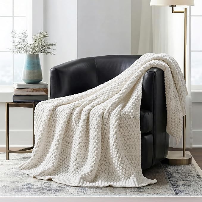 EVERGRACEHOME Chunky Chenille Knit Throw Blanket for Couch, Soft Luxurious Moss Stitch Blankets for Bed, Cozy Decorative Farmhouse Knitted Throws for Sofa, Bright White, 60" x 80"