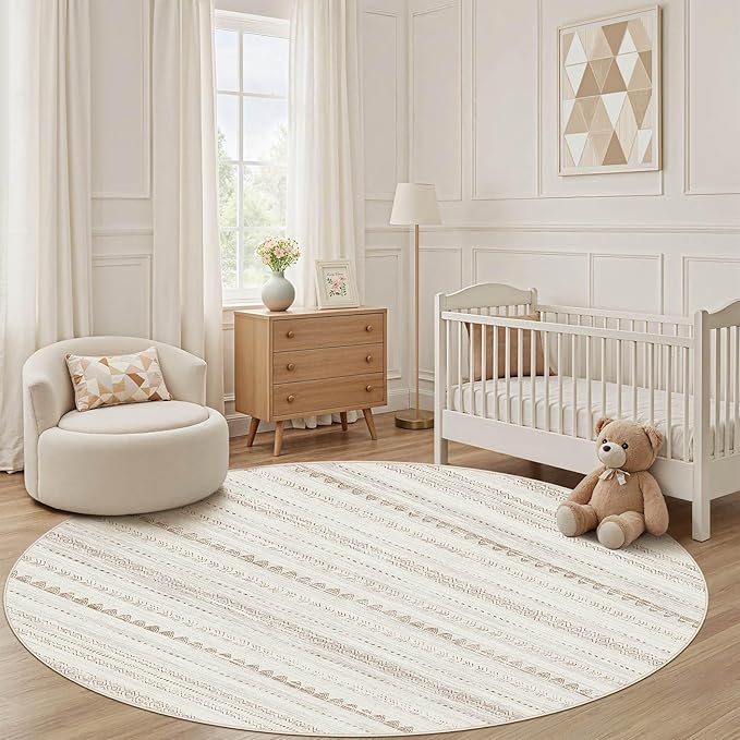 Nakagishi Round Rug Boho Area Rugs: 5x5 Washable Large Circle Neutral Soft Stain Resistant Non-Slip Carpet for Women Aged 25-45 Farmhouse Decor Enthusiasts - Living Room Bedroom Dining Room Nursery