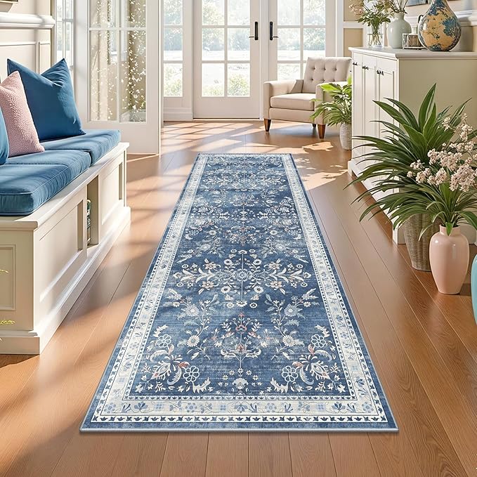 Yamaziot Washable Runner Rug 2x6 – Non Slip Boho Floral Hallway Runner Rug with Rubber Backing, Low Pile Faux Wool Distressed Carpet for Kitchen, Laundry, Bedroom, Entrance, Blue