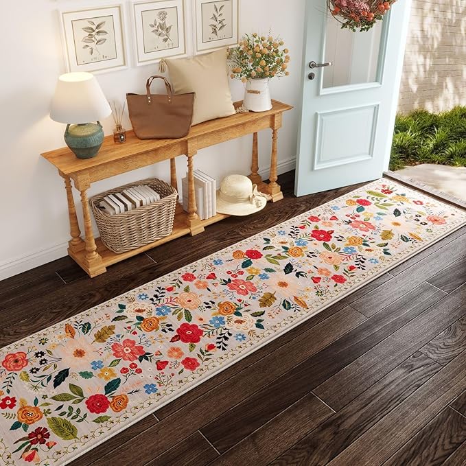 Rugcomf Long Hallway Runner Rug 2'7"x14' - Floral Washable Non Slip Boho Carpet for Kitchen, Entryway, Hall, Bathroom - Beige