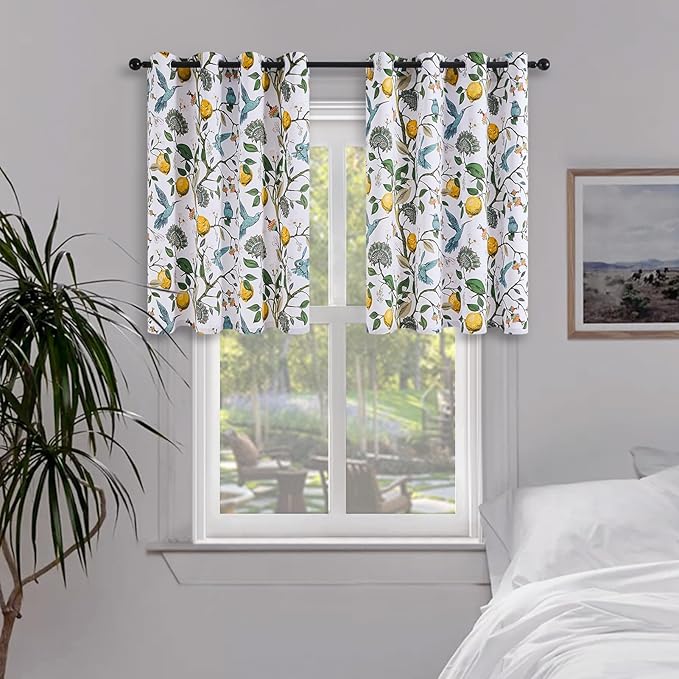 Topfinel White Blackout Tiers 36 Inch Length Curtains Classical Watercolor Botanical Floral Hummingbird Grommet Half Window Treatment, for Rv Kitchen Cafe Basement Bathroom Dinning Room, 2 Panels