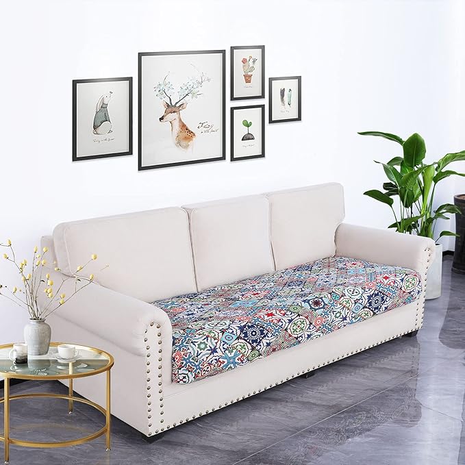 hyha Printed Couch Cushion Covers, Floral Sofa Covers Washable for 3 Cushion Couch, Stretch Pattern Outdoor Cushion Covers for Patio Furniture with Elastic Bottom(Large, Patchwork Moroccan)