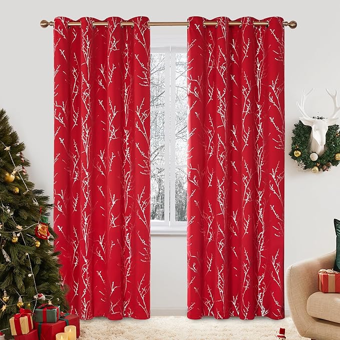 Deconovo Christmas Red Curtains, Blackout Drapes, Soundproof Curtain, Silver Print, 52 x 95 Inch Long, 2 Panels, Machine Washable Window Panel for Living Room Bedroom Festival Party Decoration Kitchen