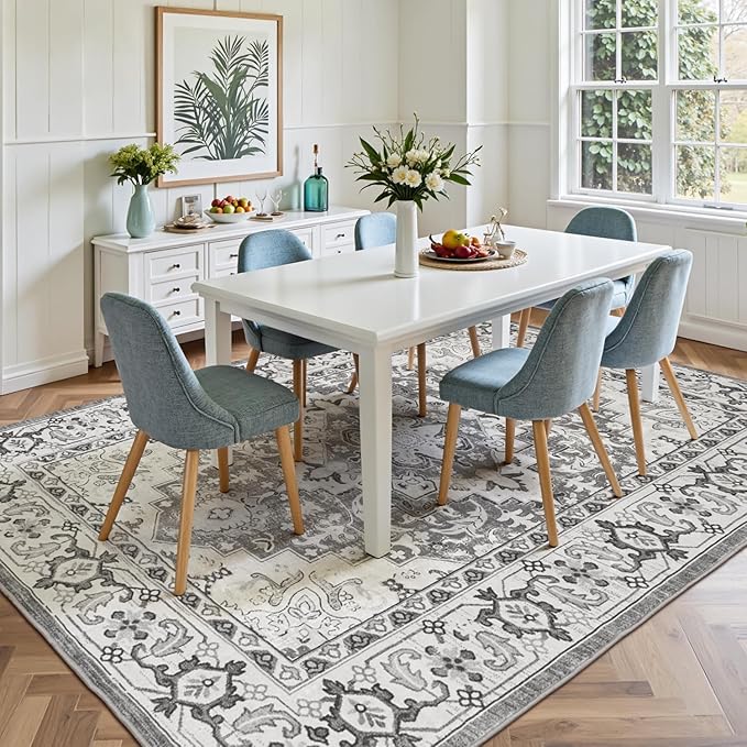 Lofus 8x10 Area Rugs for Living Room, Washable Area Rug, Rugs for Bedroom, Kitchen, Vintage Boho Carpet, Soft Non-Slip, Low Pile Large Area Rug for Office Dining Room, Floral Grey