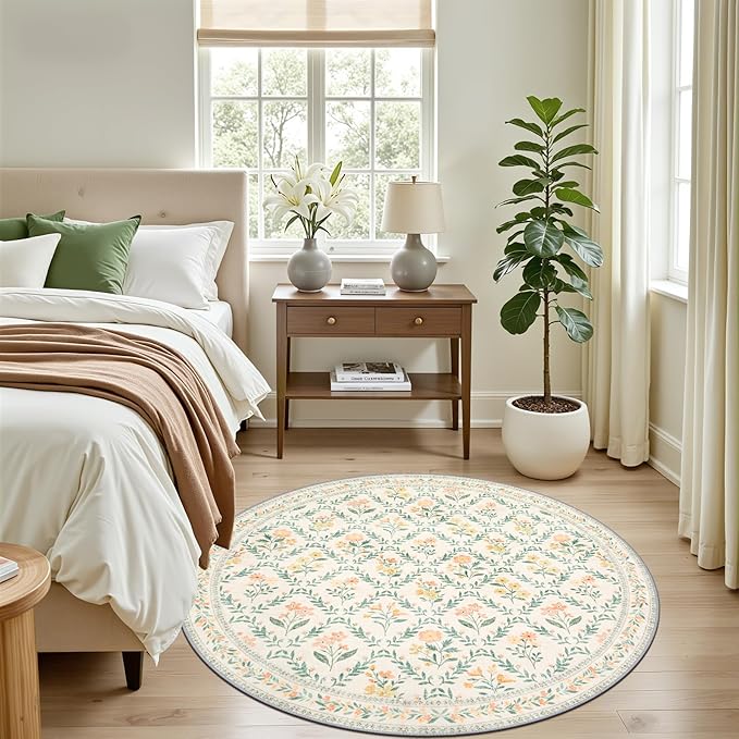 Round Area Rug for Living Room: 4 ft Floral Washable Circle Rug Soft Non-Slip Carpet Indoor Stain Resistant Low Pile Small Circular Rug for Bedroom Entryway Kitchen Nursery Home Office Beige/Multi