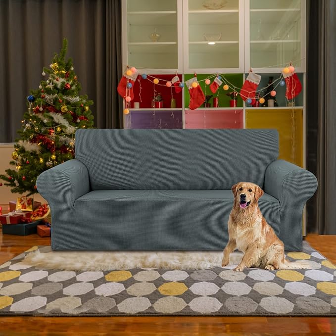 KEKUOU Stretch Loveseat Sofa Cover Slipcover,Couch Covers for 2 Cushion Couch Sofa (55"-78") Furniture Protector Sofa with Elastic Bottom for Kids,Dog. Jacquard Small Checked (Medium,Grey)