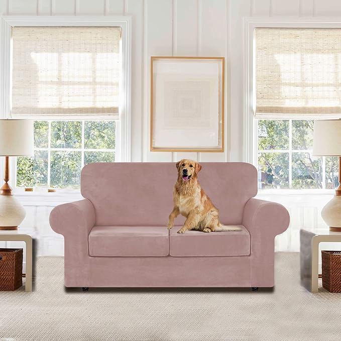 WEERRW Velvet Couch Covers for 2 Cushion Couch Sofa - High Stretch Luxury Velvet Plush 3 Pieces Sofa Slipcovers with Elastic Bottom, Furniture Protector for Pets, Machine Washable, Pink, Medium