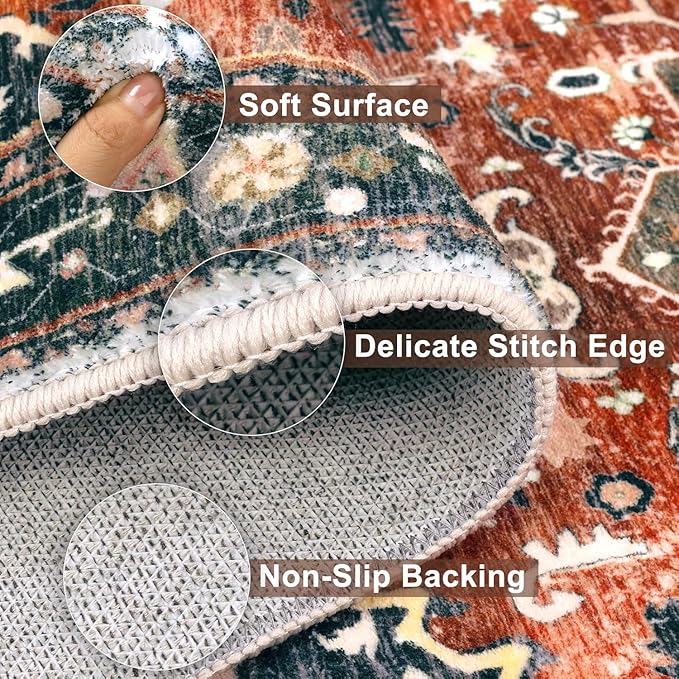 Yamaziot Washable Runner Rug, 3x6 Non-Slip Boho Vintage Hallway Rug with Rubber Backing, Low Pile Faux Wool Distressed Carpet Runner for Bedroom, Kitchen, Laundry, Entrance