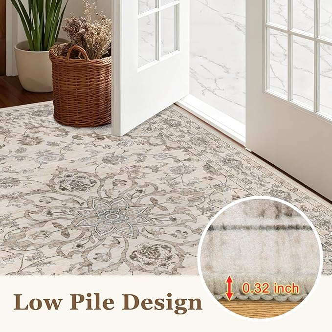 2x3 Area Rugs Living Room Rug: Washable Vintage Distressed Floral Rug No Slip Stain Resistant Soft Carpet Indoor Large Carpets for Bedroom Dining Room Farmhouse Nursery Hallway Home Office Brown Beige