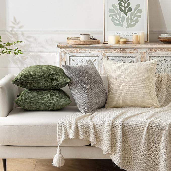 MIULEE Pack of 2 Couch Throw Pillow Covers 20x20 Inch Olive Green Modern Boho Accent Decorative Pillow Covers Soft Chenille Farmhouse Cushion Covers for Home Decor Bed Sofa Living Room