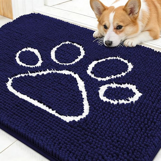 OLANLY Dog Door Mat for Muddy Paws 30x20, Paw Print Design, Absorbs Moisture and Dirt, Absorbent Non-Slip Washable Doormat, Quick Dry Chenille Mud Mat for Dogs, Entry Indoor Entryway Carpet, Navy Blue