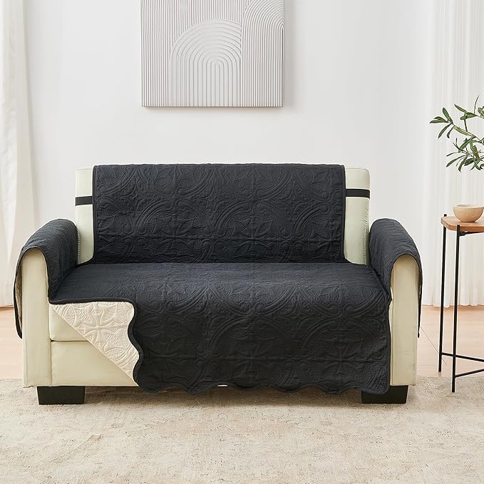 Great Bay Home Reversible Loveseat Cover - Washable Slipcover Furniture Protector with Elastic Straps - Perfect for Kids & Pets - Quilted & Stitched Detail (Black/Taupe)