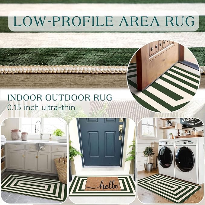 Front Door Mat Indoor Entrance - 2x4.3 Ft Modern Washable Spring Outdoor Door Mat for Layering Porch Rug Non-Slip Green White Geometric Runner Rug for Kitchen Bedroom Laundry Room Porch Decor