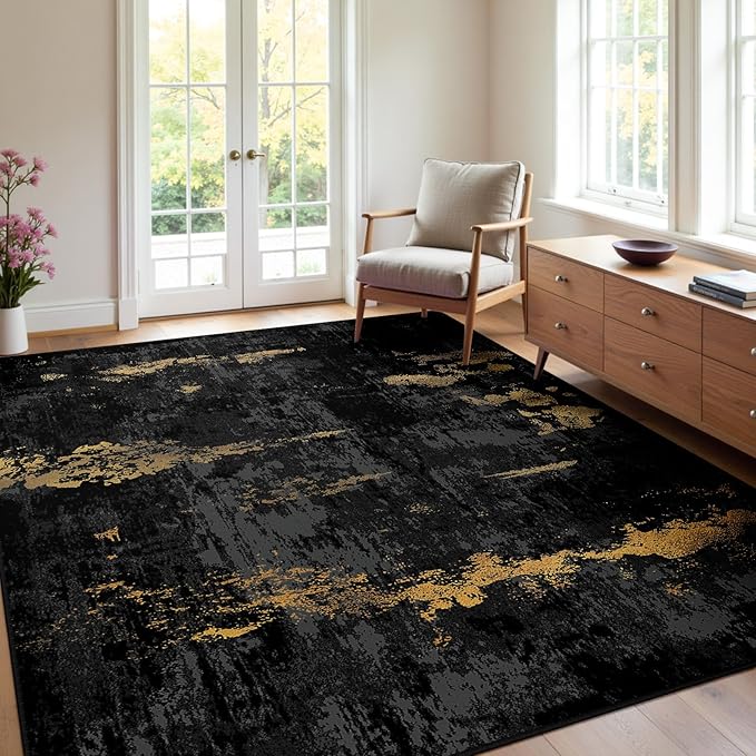 Washable Area Rugs 4x5 Non-Slip Modern Abstract Soft for Living Room Entryway Bedroom Nursery, Print Pattern, Dark Black Gold