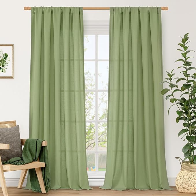 LAMIT Sage Green Linen Curtains for Living Room 84 inch Length 2 Panels, Light Filtering Privacy Panels Rod Pocket Neutral Privacy Drapes for Bedroom/Sliding Glass Door, 52 x 84 Inch