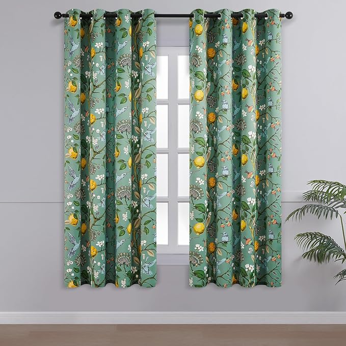 Topfinel Kitchen Curtains 45 Inch Length Floral Spring Curtains for Cafe, Vintage French Country Grommet Botanical Hummingbird Woodland Victorian Patterned Sage Green Blackout Curtains 45 Inches Long