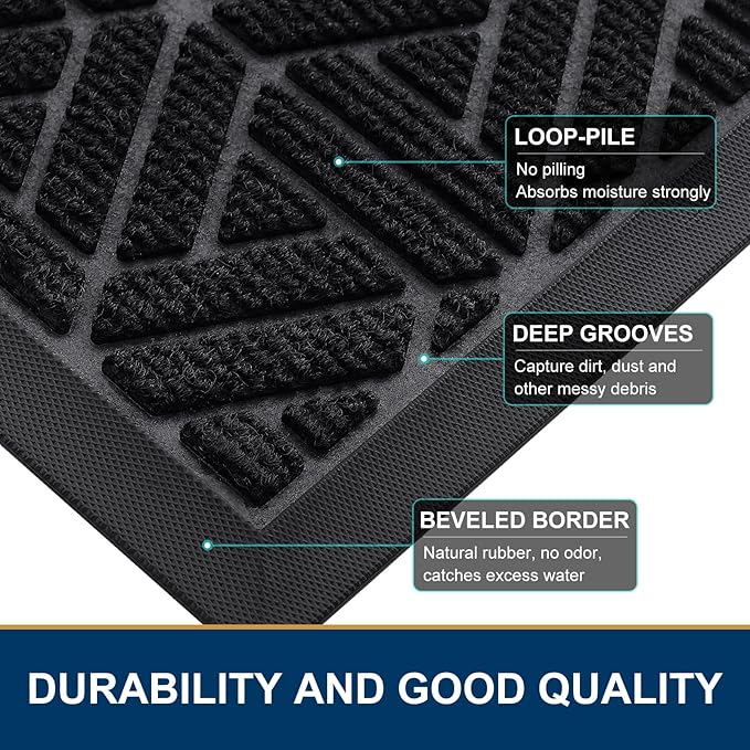 Smiry Front Door Mat Outside Entrance, Heavy Duty Sturdy Natural Rubber Doormat, Trap Dirt and Moisture, Easy Clean Low Profile Mats for Indoor Outdoor Entry, Grid Geometric (59x23, Black)